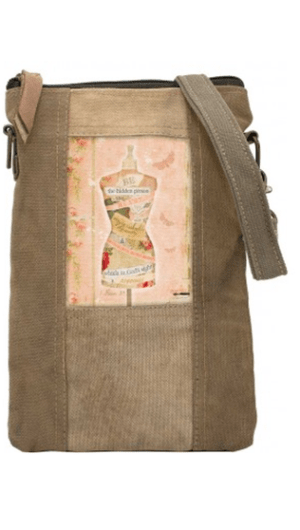 These crossbody/messengers are crafted with recycled military tent fabric with zipped top closure — by Vintage Addiction • Large exterior front pocket with flap and magnetic snap • One (1) interior pocket • Removable leather handles • Front exterior flap is adorned with large print trendy/urban image