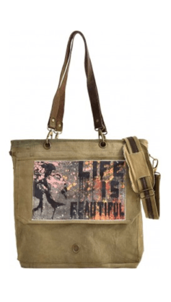 These crossbody/messengers are crafted with recycled military tent fabric with zipped top closure — by Vintage Addiction • Large exterior front pocket with flap and magnetic snap • One (1) interior pocket • Removable leather handles • Front exterior flap is adorned with large print trendy/urban image - front view